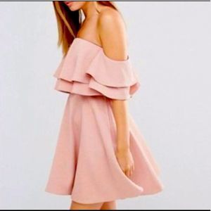 Blush Pink Keepsake The Label Two Fold Mini Off the Shoulder Shimmery Dress